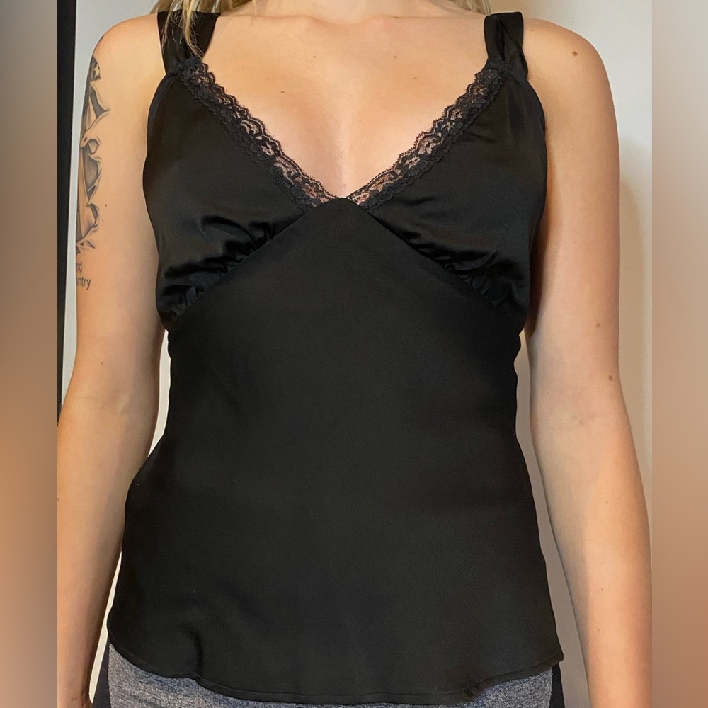 cute black silk tank with lace and pull-string on back
